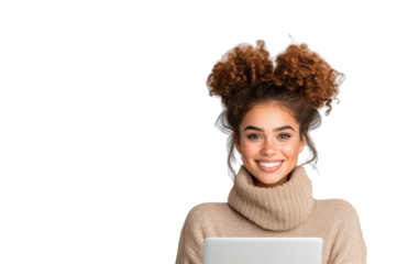 Woman Smiling with Cozy Sweater on Transparent Background