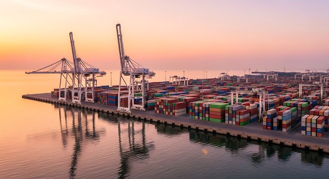 Aerial view of a busy container port at sunset cranes and cargo ships logistics and global trade concept