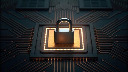 Glowing Padlock Over AI Chip with Tight Focus in Dark Environment