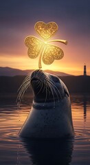 Seal balancing a glowing shamrock in serene waters at sunset.