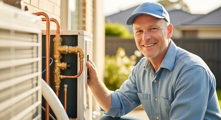 Smiling HVAC technician inspecting an air conditioning unit performing maintenance ensuring efficient cooling and heating for residential comfort