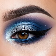 Dramatic Blue and Silver Eye Makeup with Winged Eyeliner.