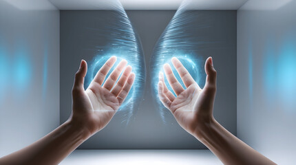 Futuristic Hands Interacting with Holographic Energy Fields