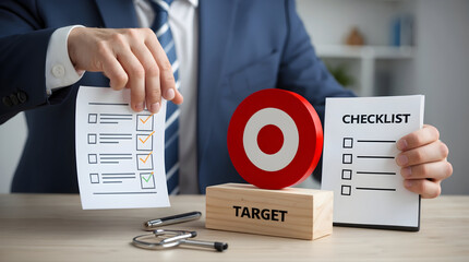 Businessman Holding Checklist and Target Concept