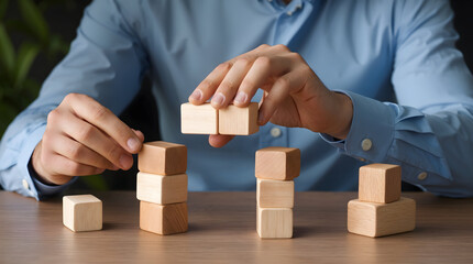 Person Building Wooden Blocks, Concept of Strategy and Growth