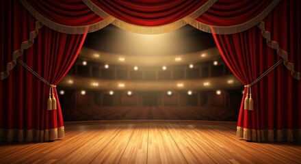 Theater Stage with Red Curtains and Wooden Floor Backdrop Spotlight Shining Empty Auditorium Interior Decor Elegant Performance Venue Decoration Theater Setting Design for Live Show Backdrop
