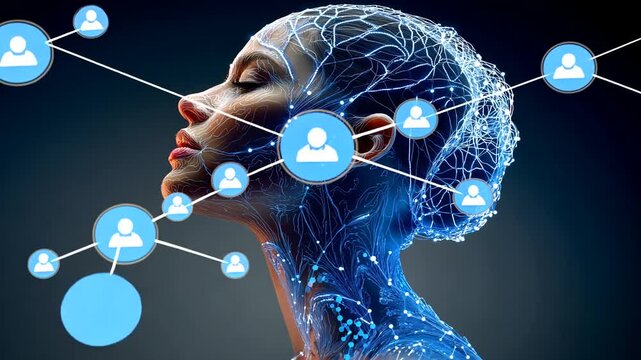 Futuristic Portrait of Woman with Digital Lines and Communication Icons