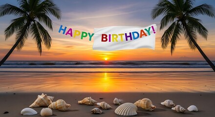Tropical Beach at Sunset with Happy Birthday Banner Celebration Seashore Palm Trees Holiday Greeting Coastal Backdrop Festive Message Destination Relaxation