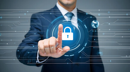 Businessman Selects Security Lock Icon on Holographic Interface