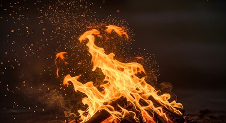 Blazing Fire - Intense Flames and Fiery Embers in the Darkness.