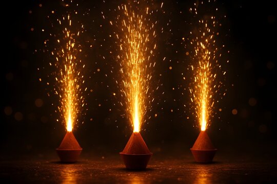  Burning Anars with Golden Spark Show on Diwali Night,Festive Firework Fountains Creating Golden Aura for Festival Celebration,generative ai