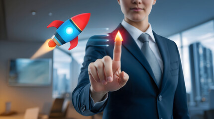 Businesswoman Launches a Rocket, Representing Growth and Innovation