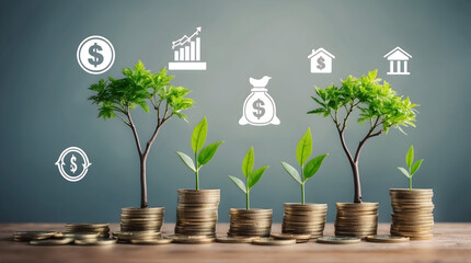 Growing Financial Success: Small Trees Growing From Stacks of Coins