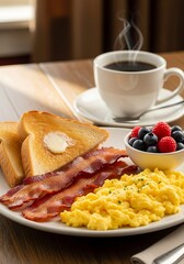 Delicious Breakfast Plate with Eggs, Bacon, Toast, and Coffee.