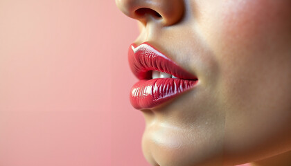 Glossy red lips close-up with soft pink background, beauty and elegance