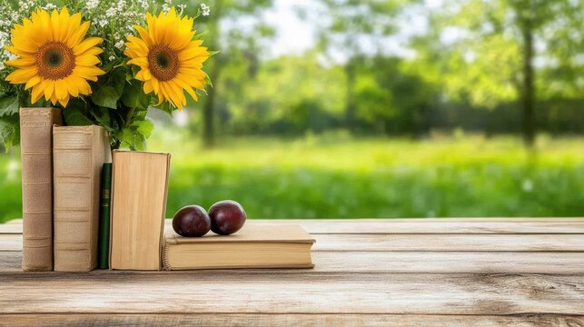 A cheerful bouquet of sunflowers brightens a table, accompanied by an open book and ripe plums, all set against a peaceful summer backdrop of greenery