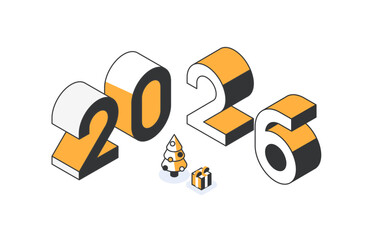 New Year 2026 poster design with Isometric numbers, Christmas trees, and Gifts