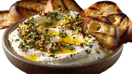 Indulge in a creamy whipped feta dip drizzled with olive oil and sprinkled with pistachios and herbs, served with grilled crusty bread for the perfect appetizer.