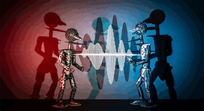 Futuristic robot characters walking with glowing soundwave effects, vector illustration. Dynamic humanoid figures in sci-fi environment for animation projects.