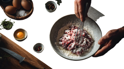 Skilled hands expertly prepare seasoned ground meat with flour and whisk, hinting at delicious culinary creations and home cooking passion.