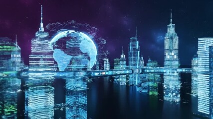 Futuristic cityscape with holographic globe representing global connections - Powered by Adobe
