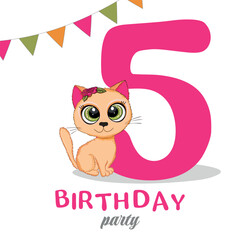 Cute little cat, fourth Birthday party, Happy birthday 5 year old. Invitation or greeting card. Vector illustration.