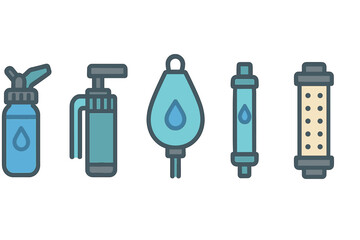 Portable water purification and filtration device icons set
