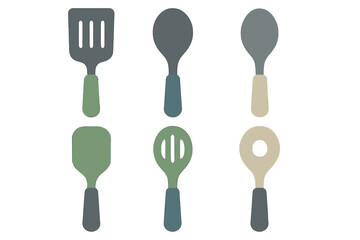 Six modern kitchen utensils with muted color palette for cooking