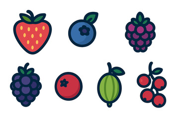 Set of six stylized colorful berry icons including strawberry, blueberry, and blackberry