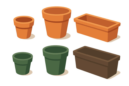 Isometric set of terracotta and plastic flower pots and planters in various sizes