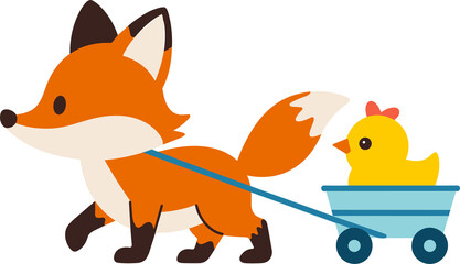 Adorable fox pulling a wagon with a cute chick, perfect for children's books, springtime celebrations, and heartwarming designs that spread joy