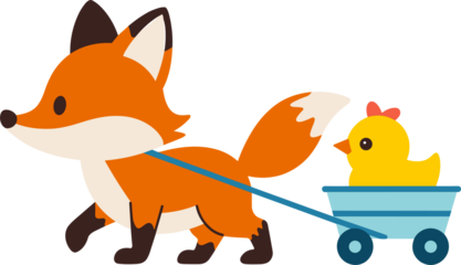 Adorable fox pulling a wagon with a cute chick, perfect for children's books, springtime celebrations, and heartwarming designs that spread joy