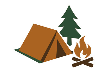Campsite scene with tent, campfire, and pine tree icon © Alan