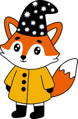 Adorable cartoon fox wearing a stylish coat with whimsical stars, perfect for children's illustrations and playful designs, sure to bring joy to viewers