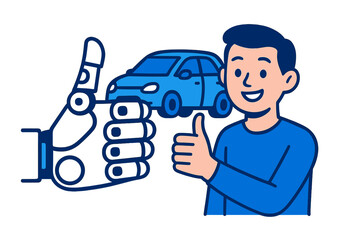 Robot hand presenting automobile to satisfied customer giving thumbs up