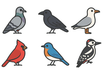 Six common North American bird icons: pigeon, crow, seagull, cardinal, bluebird, woodpecker