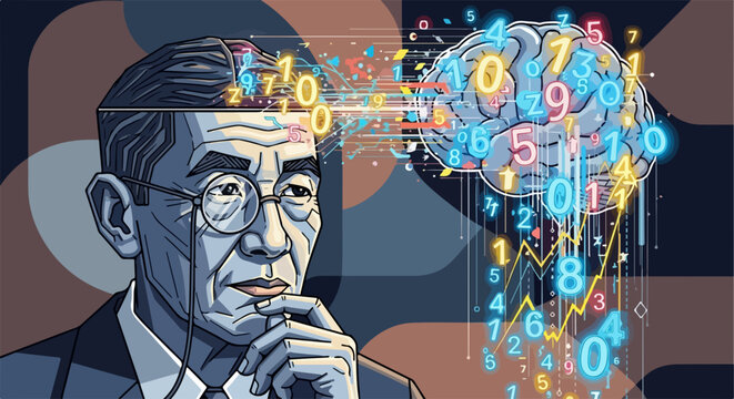 Vector illustration of man thinking with numbers and brain graphic, concept of data analysis and intelligence.