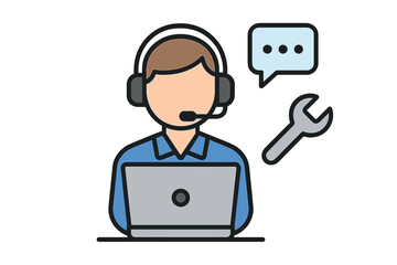 Customer support agent with headset and laptop for technical assistance
