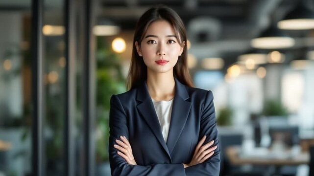 Confident Asian Businesswoman in Office Setting - A Portrait of Success.