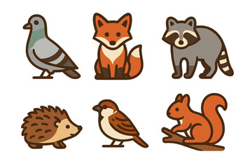 Naklejka premium Collection of charming cartoon icons featuring common city and forest animals