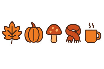 Set of simple autumn icons including leaf, pumpkin, mushroom, scarf, and hot drink