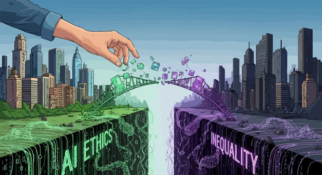 Bridging the gap between AI ethics and inequality with a helping hand, vector illustration for technology and social progress concepts.