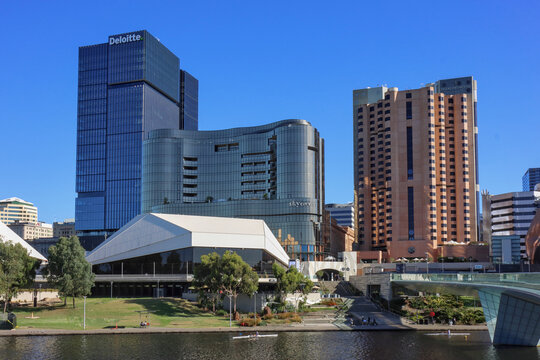 Adelaide, South Australia, Australia - December 11 2024: Adelaide Convention Centre seen across the River Torrens. SkyCity, InterContinental and Deloitte buildings in background