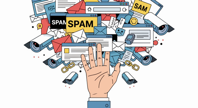 Spam email concept vector illustration with hand blocking incoming messages and surveillance cameras monitoring online activity. Digital security and privacy protection theme for web.