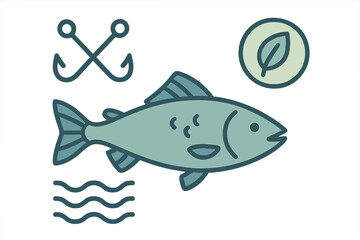 Set of simple icons for fishing hooks, aquatic life, and organic food concepts