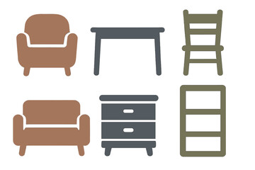 Set of simple furniture icons including armchair, sofa, table, chair, cabinet, and shelving unit