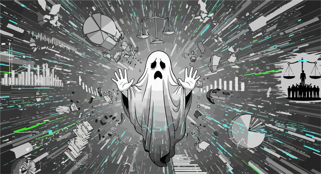 Ghost figure amidst exploding data points illustrates data privacy concerns. Digital information and graphical elements, including charts and abstract structures,
