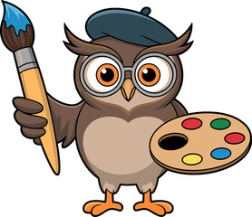 Adorable owl artist ready to create whimsical art with brush and palette, perfect for children's books, playful designs, and creative projects