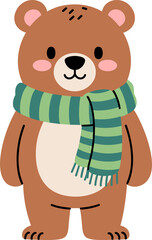Adorable cartoon bear wearing a striped scarf, perfect for children's book illustrations and warm winter themes, designed to bring smiles with its charm