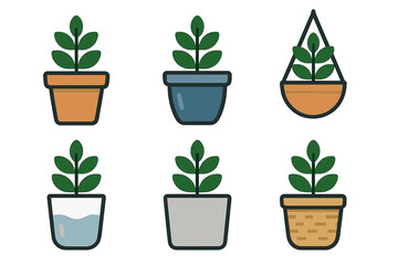 Six stylized green houseplant icons featuring diverse container designs